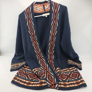 Lucky Brand Navy Open-Front Cardigan with Orange and Cream Pattern
